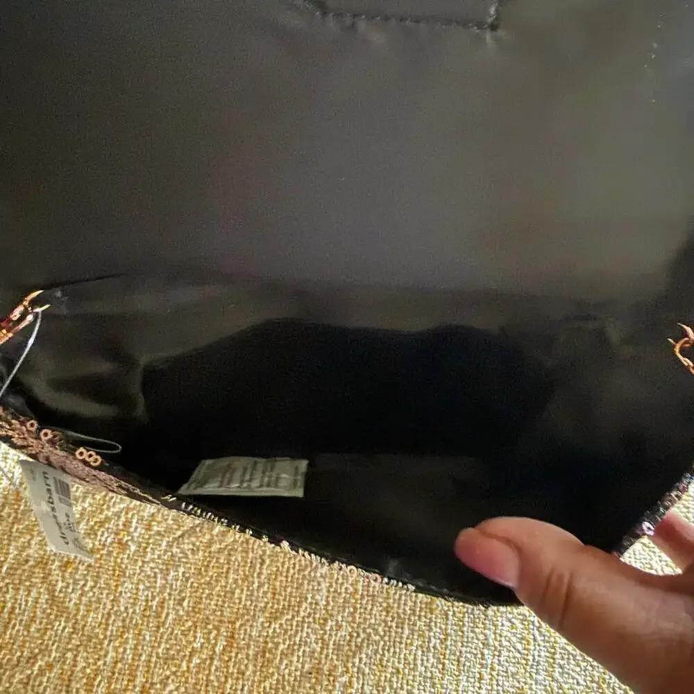 Dressbarn Black and Rose Gold Sequin Starburst Evening Clutch with Chain Strap